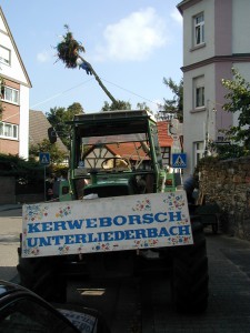 Der Kerbebaum wird an der Ecke Liederbacher Straße / Wagengasse in Frankfurt am Main Unterliederbach aufgestellt.