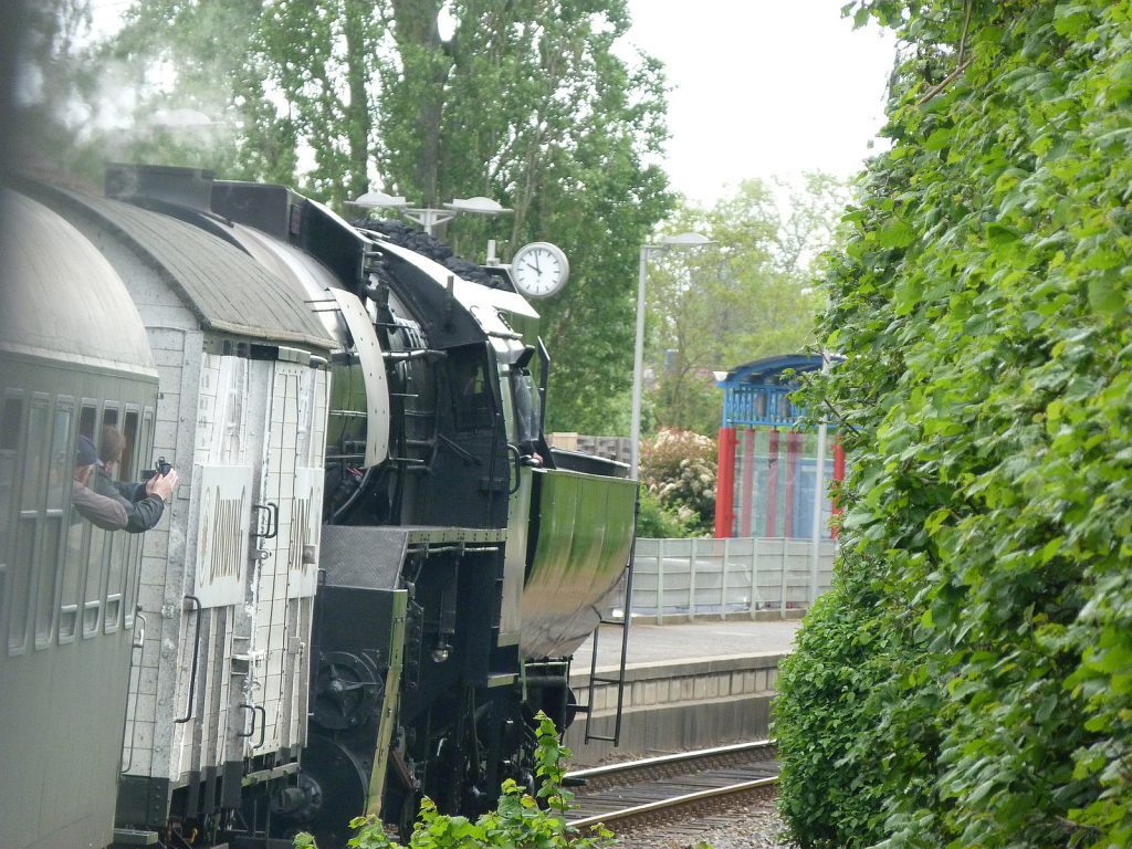 Zug mit Kriegslokomotive CFL 5519 durchfährt den Haltepunkt Frankfurt-Unterliederbach