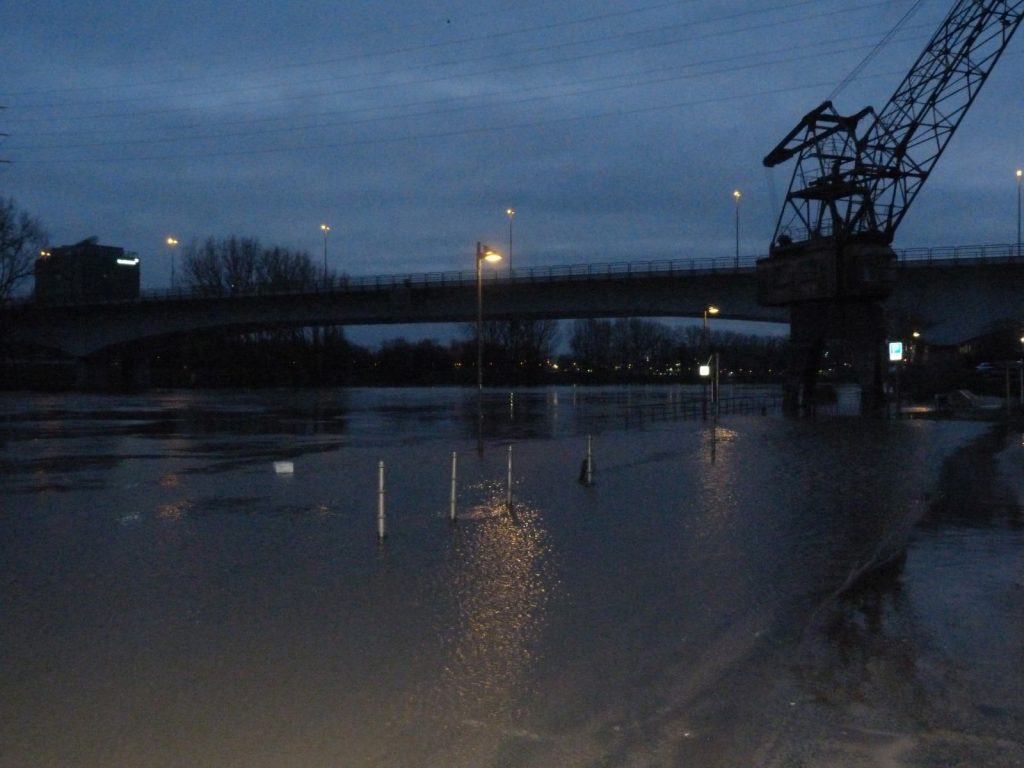 Mainufer mit Kran und Leunabrücke in Frankfurt am Main Höchst