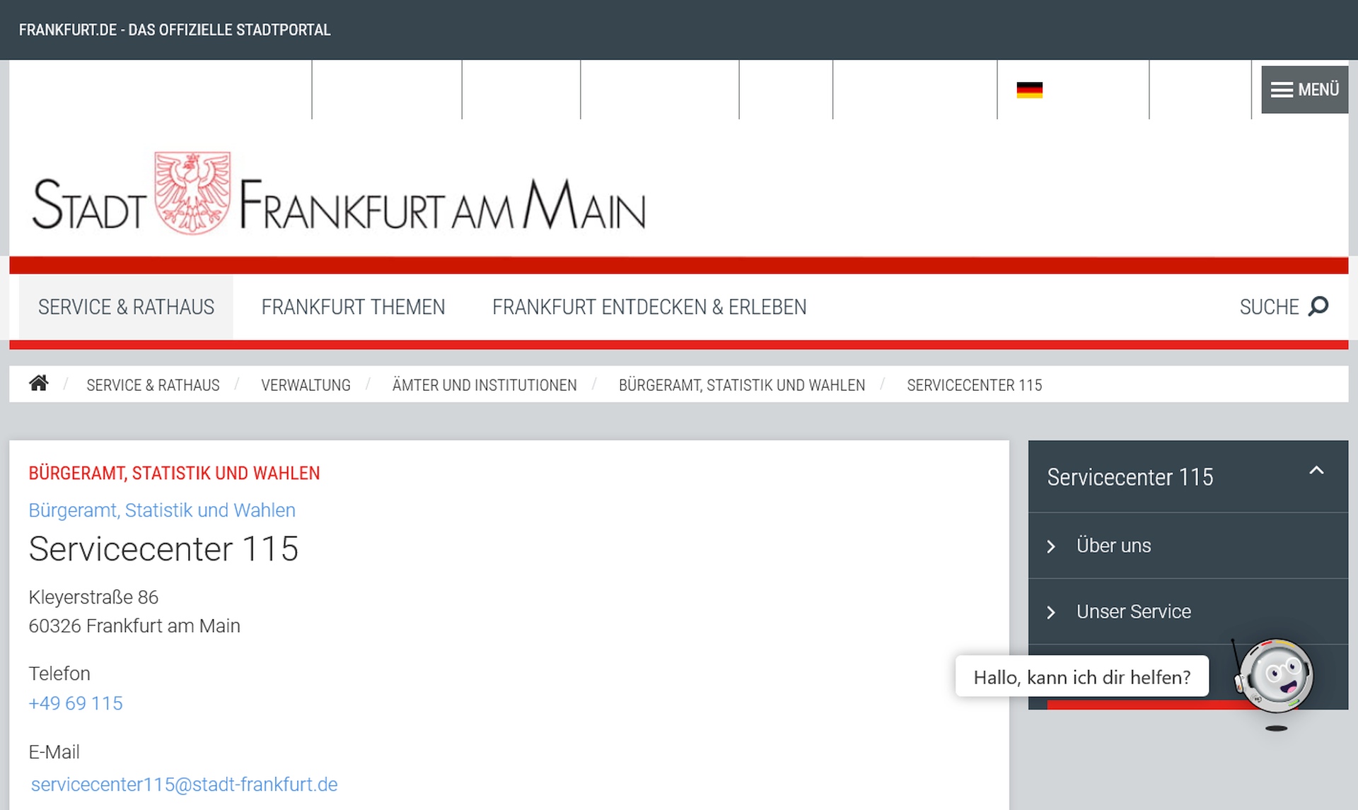 Frankfurt am Main, Screeshot, Chatbot 115